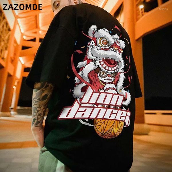 

2020 new lion dance print tide brand hip-hop half sleeve tee chinese style man summer street fashion casual cotton t-shirt1, White;black
