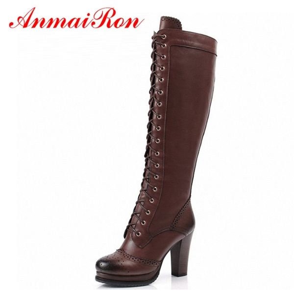 

anmairon winter boots women thigh high boots new lace up knee corium boot women high heels retro knight boots y200723, Black