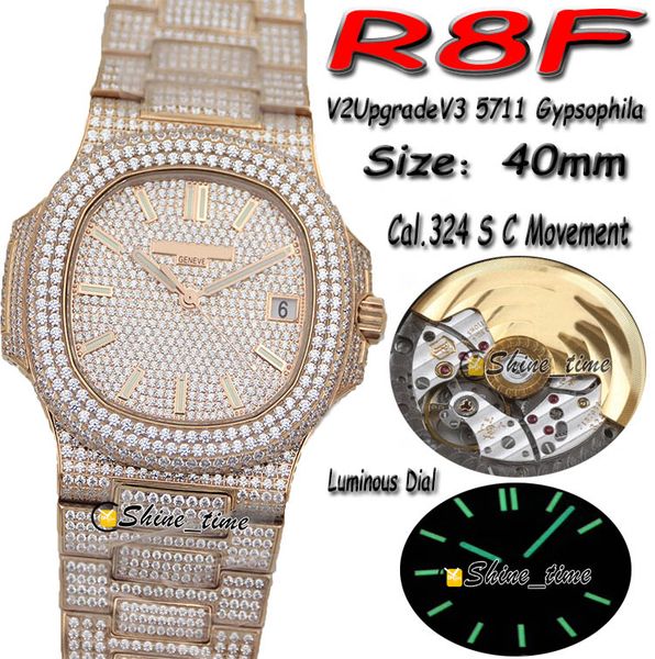 

r8f v3 upgrade version iced out full diamond inlay rose gold case strap 5711 diamonds dial cal.324 automatic 5719 mens watch quality, Slivery;brown