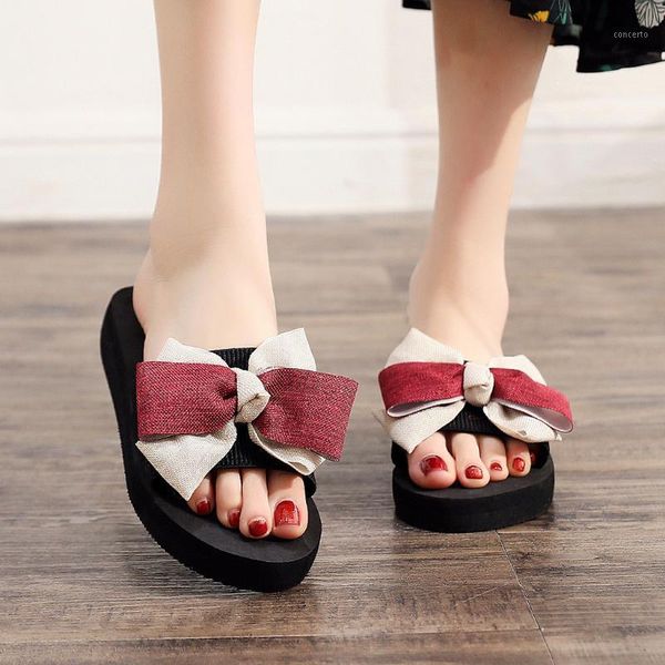 

women summer slippers platform flip flops female non-slip bath slippers high heels wedge bowknot beach shoes#02281, Black