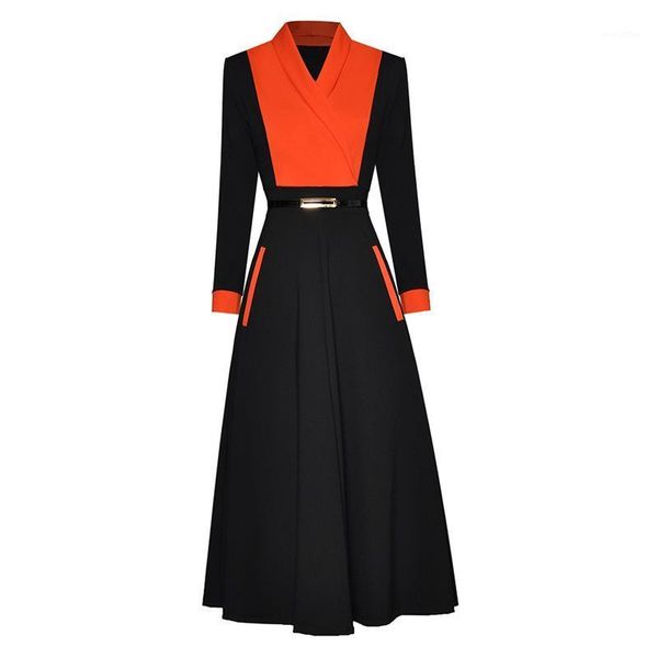 

fashion 2020 runway dress women's color block mid-calf dress1, Black;gray