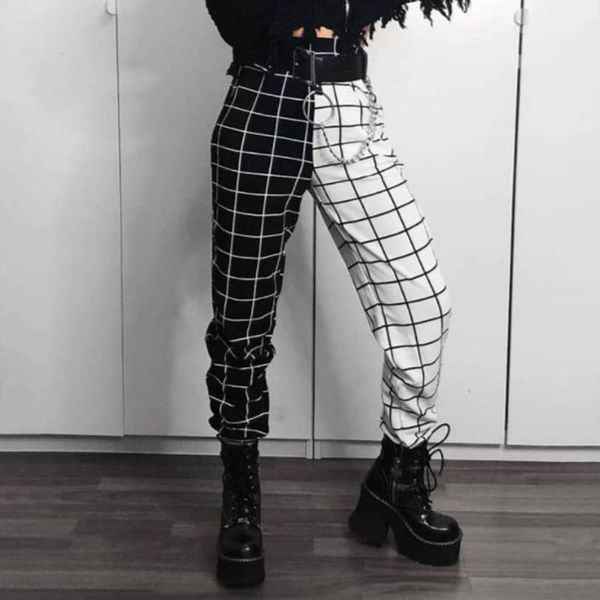 

women's pants & capris 2021 checkerboard plaid casual women black white print patchwork gothic hip hop streetwear girl sweatpants jogge
