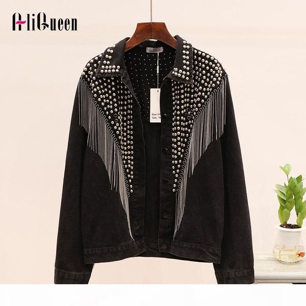 

chaquetas mujer 2019 autumn streetwear denim jacket women hand-studded rivet tassel chain short jeans jacket loose black coats, Black;brown