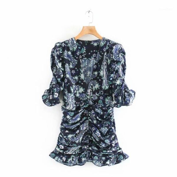 

2020 new women vintage v neck cashew nuts flower print pleated mini dress ladies short sleeve vestidos chic slim dresses ds35501, Black;gray