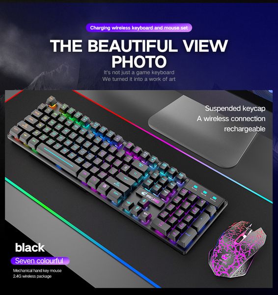 

беспроводная игровая клавиатура и комбинация мыши, аккумуляторная, водонепроницаемая и пылезащитная, со светодиодной подсветкой, механическа
