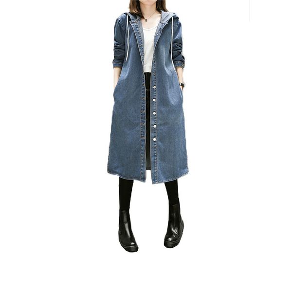 

autumn sleeve large size 3xl 4xl 5xl women long denim windbreaker female overcoat hooded blue trench coat streetwear, Tan;black