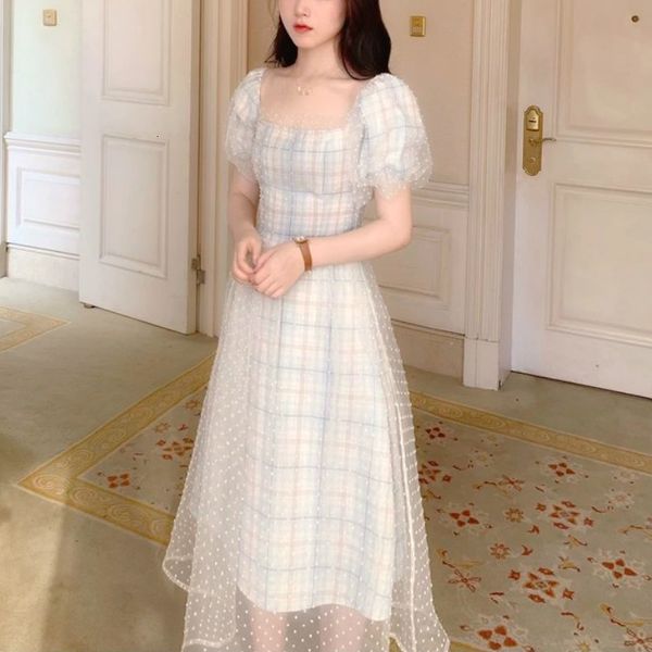 

retro-vintage elegant woman chess chiffon lace dressed fairy puff dress designer summer 2021 new 7v1c, Black;gray
