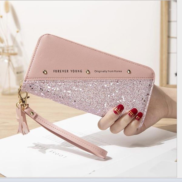 

new long women's wallet zipper student korean version stitching hit color tassel wild rivet mobile phone bag1, Red;black