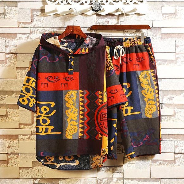 

летние трексуиты мужчины набор 2020 мужская повседневная капюшона t рубашки + шорты 2 шт. комплекты трексуита мужской китайский стиль street, Gray