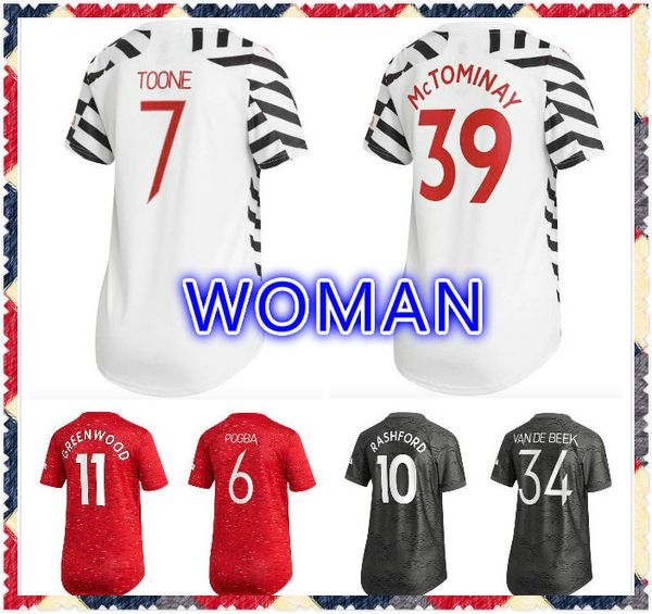 

womens 2020 2021 utd pogba martial soccer jersey van de beek b. fernandes ladies jerseys martial rashford girls man football shirts 20 21, Black;yellow