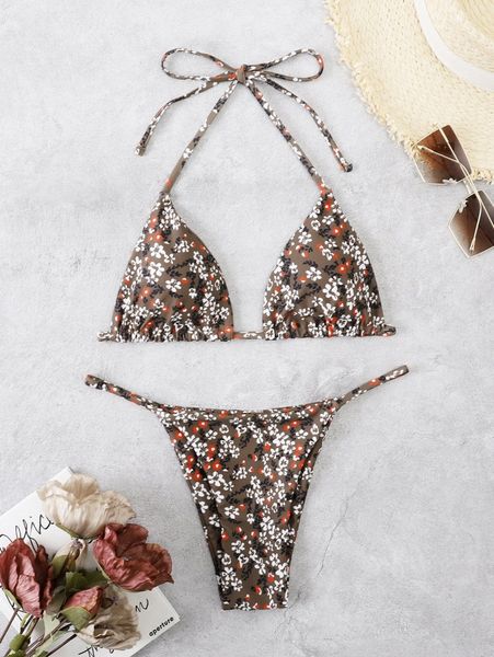 

ditsy floral halter micro triangle thong lingerie set q2x8#, White;black