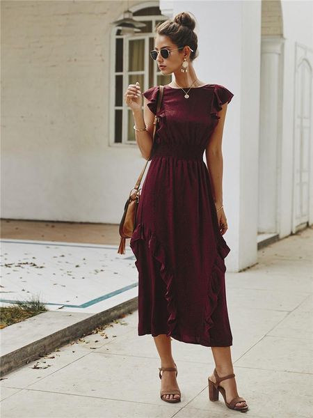 

casual dresses fashion 2021 summer dot print ruffles women dress o-neck sleeveless midi ladies holiday femme robe, Black;gray