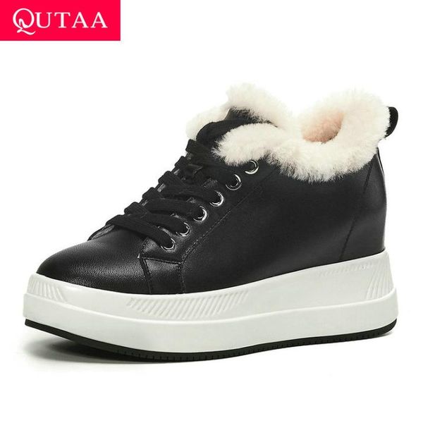 

boots qutaa 2021 height increasing lace up autumn winter casual women shoes platform wedges warm fur round toe ankle size 34-39, Black
