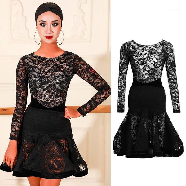 

latin dance dress black see-through lace samba tango salsa cha cha rumba clothes adults competition performance wear dn48101, Black;red