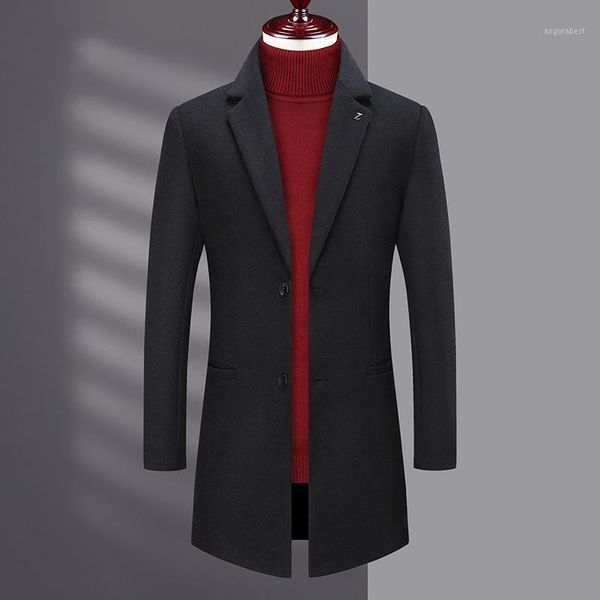 

new men's pure color woolen coat middle and young people's leisure fashion medium length windbreaker coat men's wear1, Black