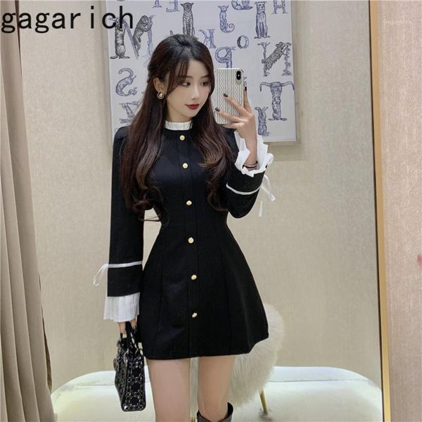

gagarich women dress 2021 spring autumn japanese sweet temperament female lace-up stand-up collar petal sleeve design vestidos1, Black;gray