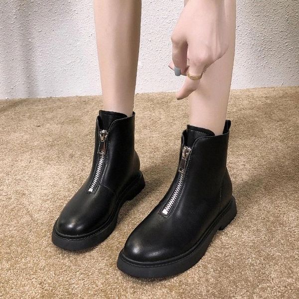

shoes boots women new 2020 round toe zipper winter footwear booties ladies low heels booties rubber mid-calf mid calf rock #kj6t, Black