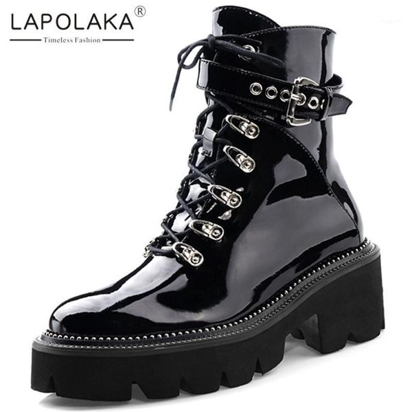 

boots lapolaka 2021 genuine leather belt buckle platform non-slip shoes woman side zipper cool motorcycle boots1, Black