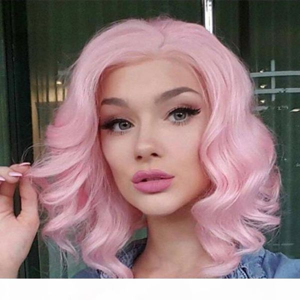 

short lace front wigs synthetic heat resistant fiber hair pink color half hand tied glueless short wavy lacefront wig for women, Black;brown