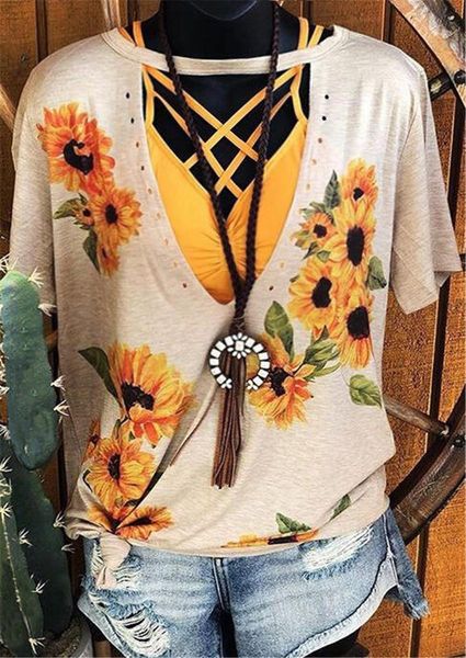 

flowers print t shirt women hollow out short sleeve t-shirt women tee female casual loose tees 2020 new ropa, White