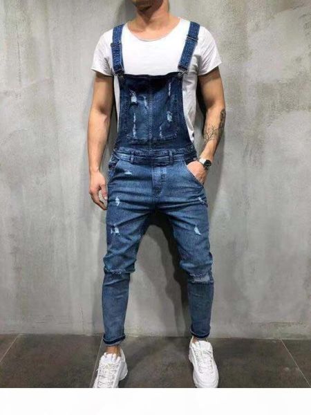 

fashion mens ripped jeans jumpsuits hole denim bib overalls for man designer bike jean ing, Blue