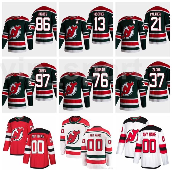 

new jersey devils reverse retro jersey 86 jack hughes 13 niko hischier 21 kyle palmieri 97 nikita gusev 76 pk subban hokkey, Black;red