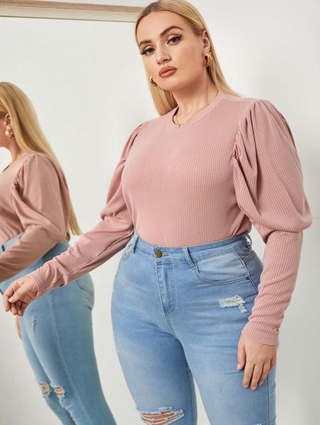 

plus ribbed knit gigot sleeve tee h1ad#, Black