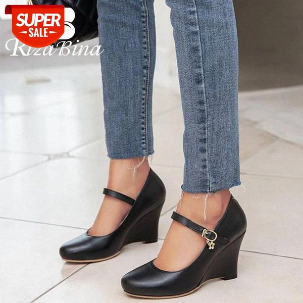 

rizabina new women pumps round toe buckle wedge heel metal decoration solid color pu leather female footwear plus size 34-45 #lu2w