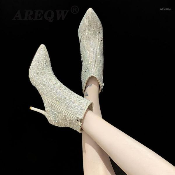 

boots ladies ankle rhinestones high heels shoes 2021 women's woman zipper pointed toe motorcycle for females1, Black