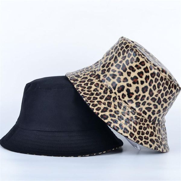 

Pu Leopard print Bucket Hat Fisherman Hat outdoor travel Sun Cap Hats for men and Women 1121