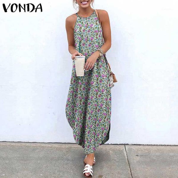 

casual dresses vonda 2021 women dress summer sleeveless vintage printed asymmetric beach sundress bohemian vestidos 5xl robe1, Black;gray