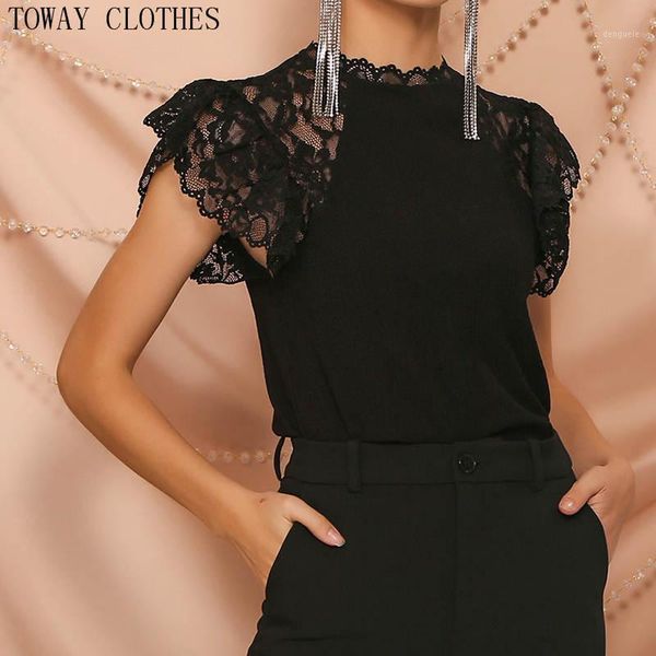 

women patchwork lace insert crew neck short sleeves black t shirt1, White