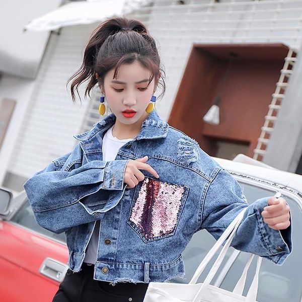 

women's jackets women spring autumn streetwear korean style hole jean jacket coat female sequin casual outwear short denim clothes, Black;brown