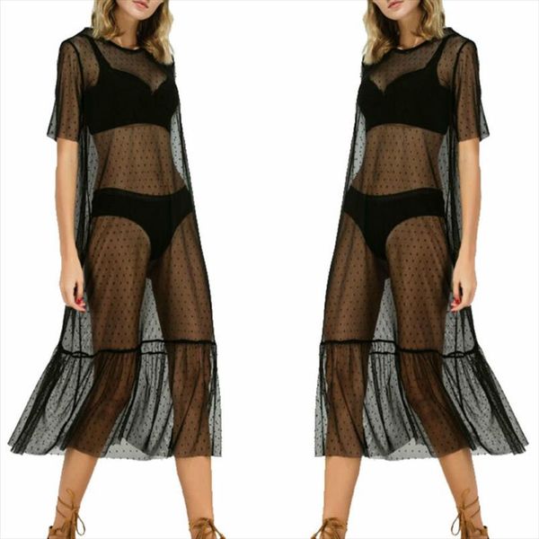 

women see through mesh sheer dress tulle lace long beachwear cover up style black dress drop shipping, Black;gray
