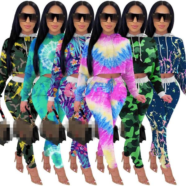 

casual women tracksuit two pieces set long sleeve hooded skinny pants tie dye sports suit print outdoor wear, Gray