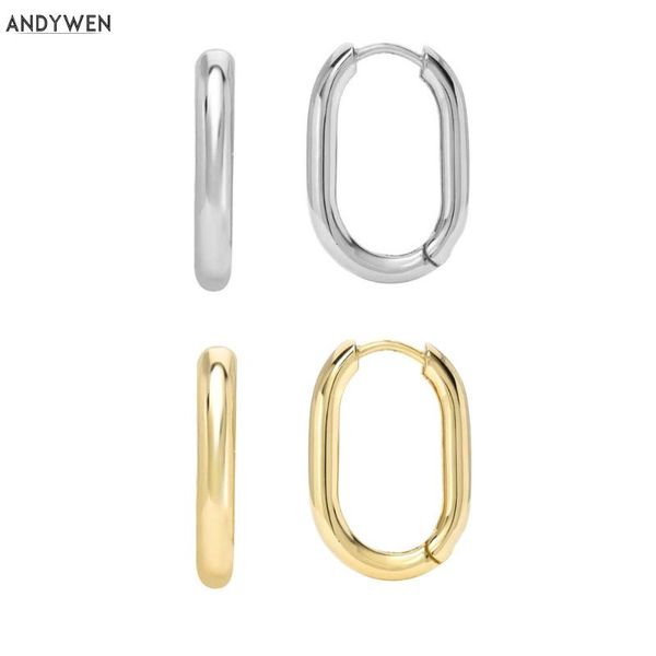 

andywen 925 sterling silver gold oval huggies thick rectangle hoops earring women piercing ohrringe luxury fashion jewelry, Golden;silver