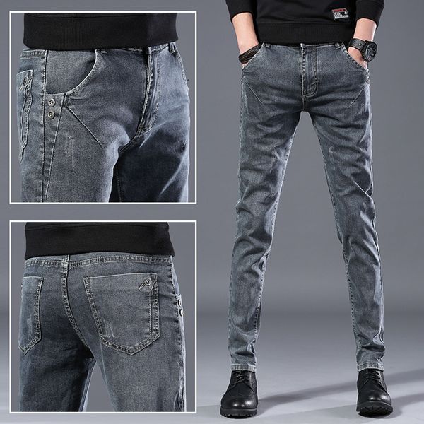 

2021 men's winter new dark gray youth casual fashion slim jeans, Blue