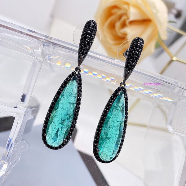 

gun black green crystal broken diamond big drop earrings female 925 silver needle luxury elegant tourmaline drop earrings retro