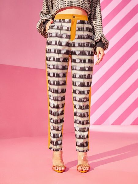 

x alexander kurmanin high waist geo print colorblock pants t8lk#, Black;white