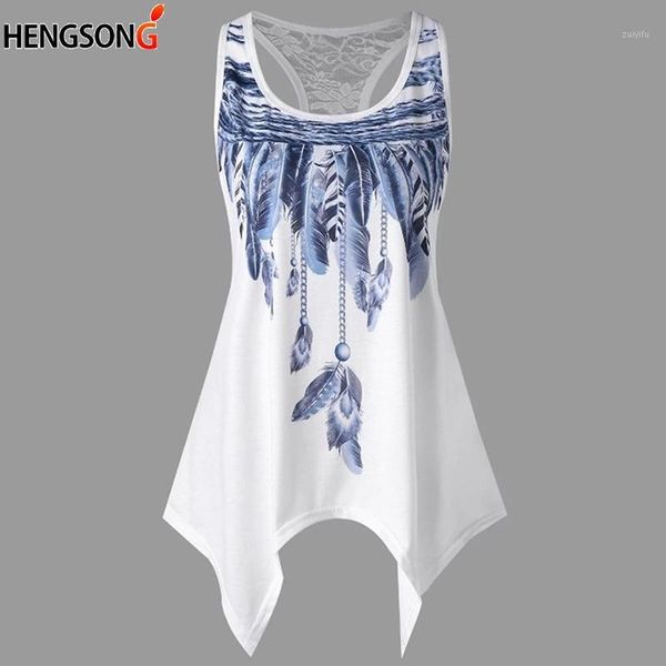 

2018 new lace patchwork vest women summer sleeveless asymmetrical feather print vest tank women camisas mujer1, White