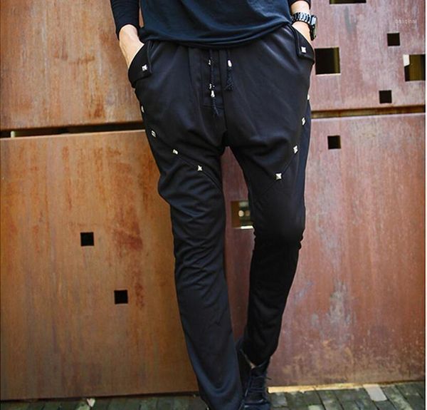 

28--38 2020 spring men new fashion personality foot leisure clubs rivet male haroun pants1, Black