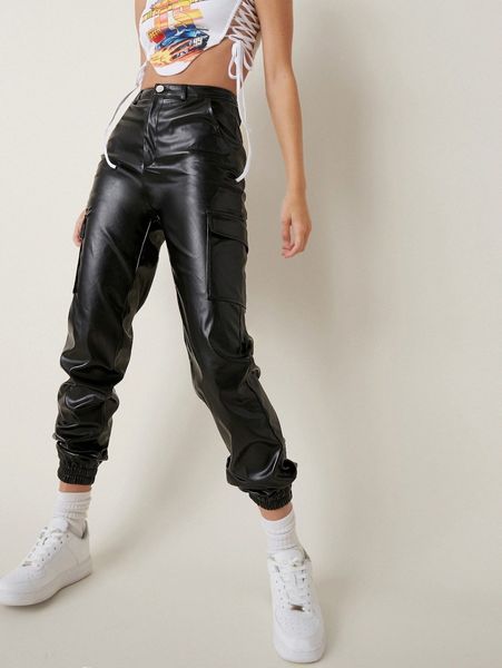 

zipper fly flap pocket pu pants q2ru#, Black;white