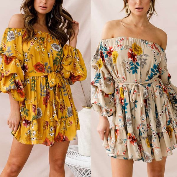 

summer 2019 new print lace up off shoulder one line collar loose dress beach skirt resort style, White