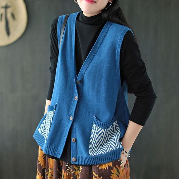 

women's vests fairynatural women knitted cardigan vest 2021 autumn spring vintage loose ladies casual v-neck single breasted knitwear, Black;white