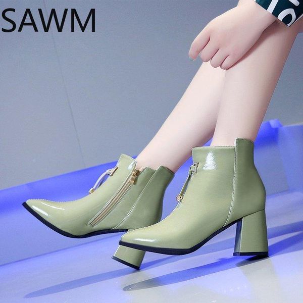 

boots 2021 green women autumn thick high heel ankle bootes fashion dress pointed toe lady booties pumps wbs103, Black