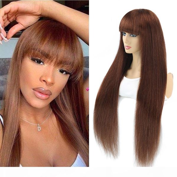 

brazilian straight ombre human hair wigs for women full wig with bang silk brown purple highlight wig remy 30inch, Black;brown