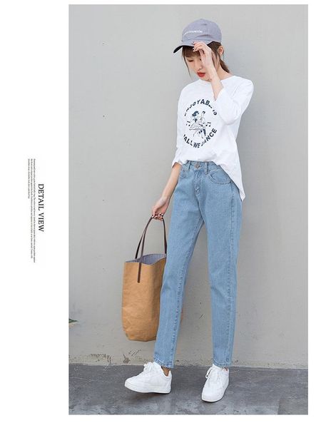 

basic denim jeans classic 4 season women high waist jeans vintage mom style pencil cowboy denim pants, Blue