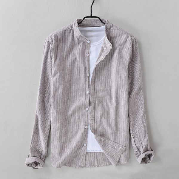 

2021 men's vintage flax striped loose fit stand collar long sleeve casual shirts,3 colour:light blue,khaki,coffee,size:-xxxl, White;black