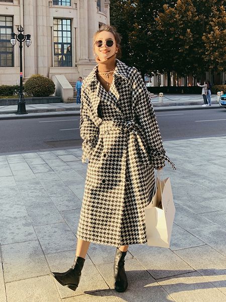 

hepburn sub woolen for women's winter thickened medium and long style 2020 new korean loose thousand bird grid coat, Black