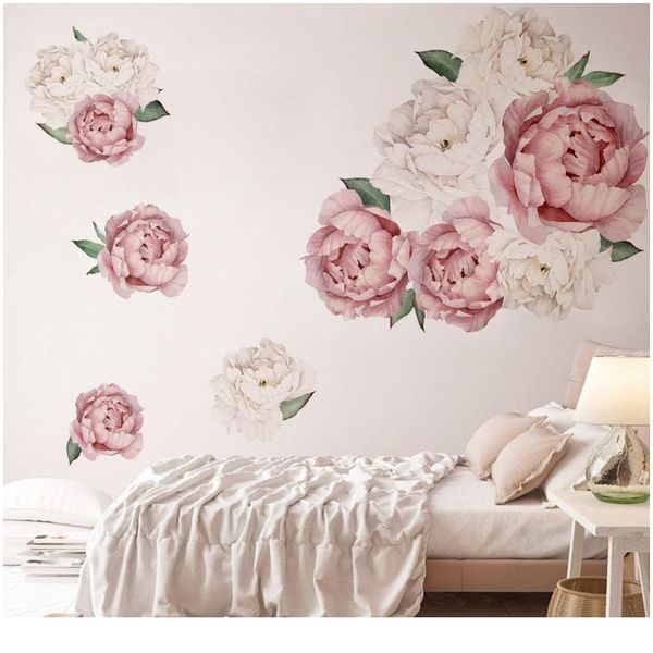 

pink white watercolor peony flowers wall stickers for kids room living room bedroom home decoration wall decal home deco wmthng